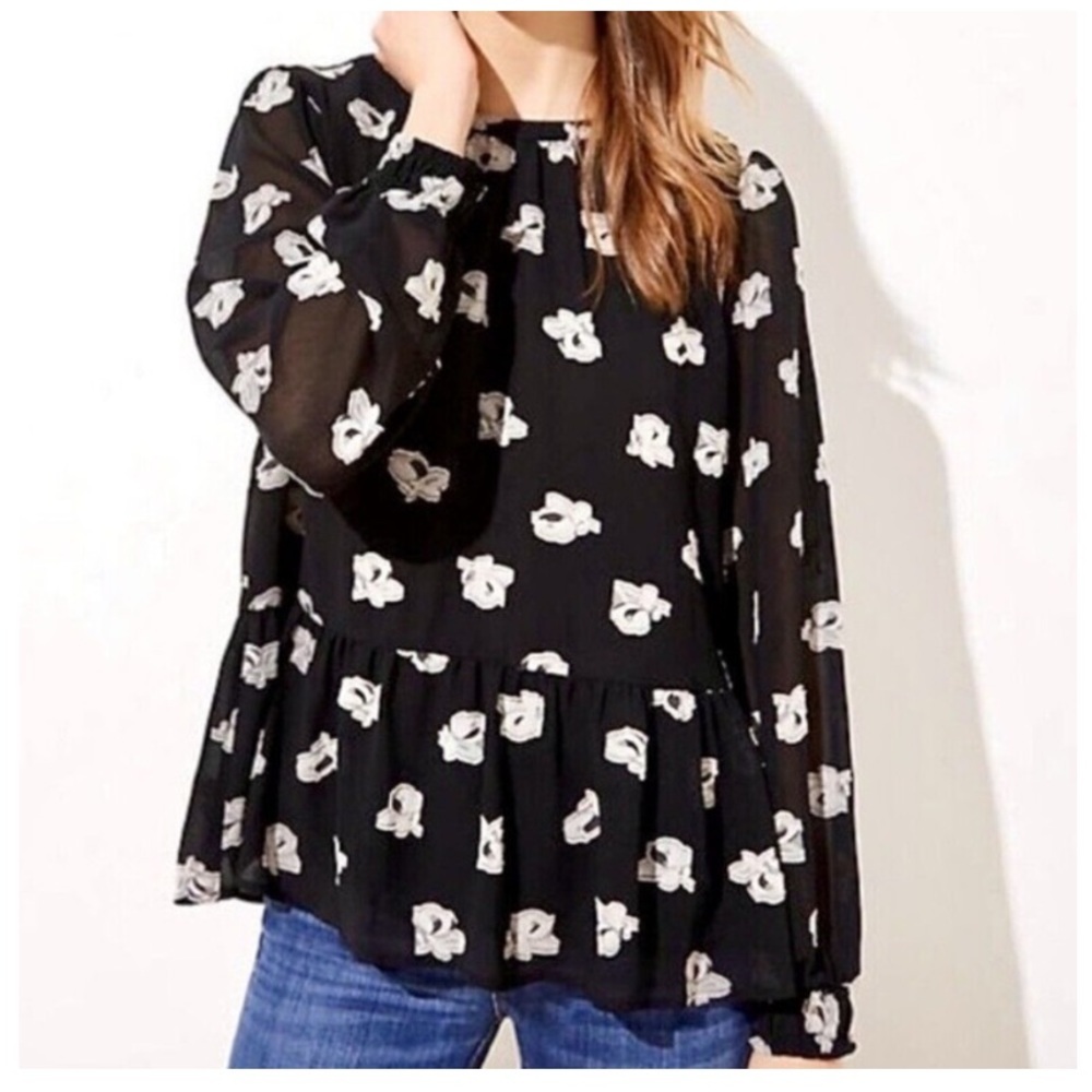 Ann Taylor LOFT Floral Peplum Chiffon Embroidered Blouse Black Medium